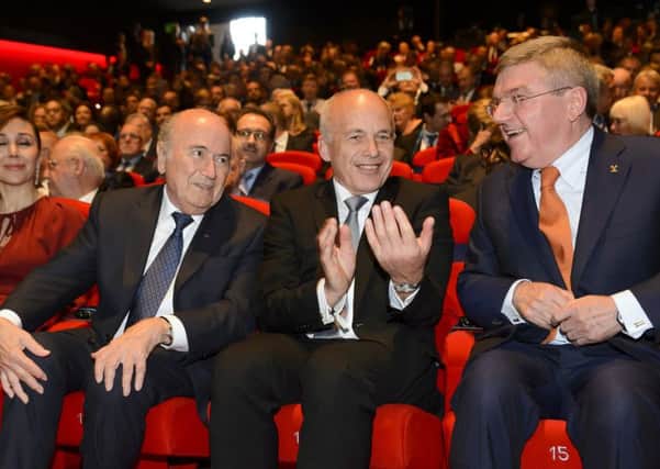 Fifa president Sepp Blatter, Swiss sports minister Ueli Maurer and International Olympic Committee (IOC) president Thomas Bach attend the opening ceremony of the 65th FIFA Congress in Zurich on May 28. Picture: Getty