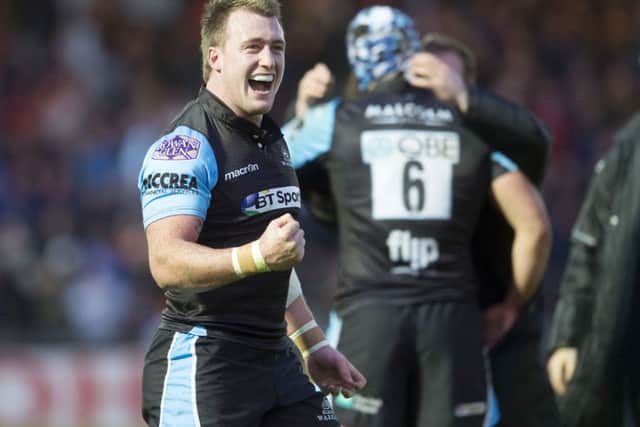 Stuart Hogg clenches his fist in triumph after Glasgow Warriors thrilling  semi-final victory over Ulster last Friday. Picture: SNS