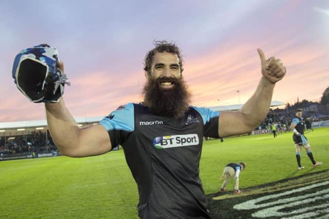 Glasgow's Josh Strauss celebrates at the end of the Guinness Pro12 semifinal at Scotstoun. Picture: SNS
