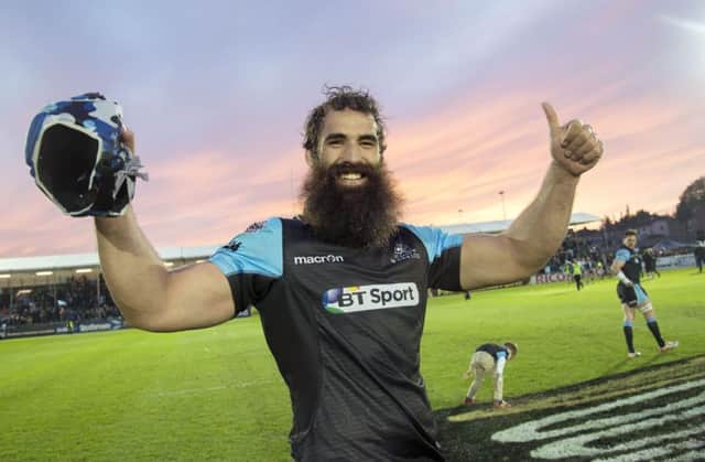 Glasgow's Josh Strauss celebrates at the end of the Guinness Pro12 semifinal at Scotstoun. Picture: SNS