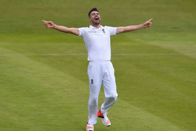 James Anderson celebrates after dismissing Martin Guptill to claim his 400th Test wicket. Picture: Getty