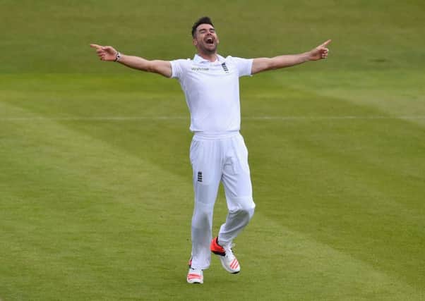 James Anderson celebrates after dismissing Martin Guptill to claim his 400th Test wicket. Picture: Getty