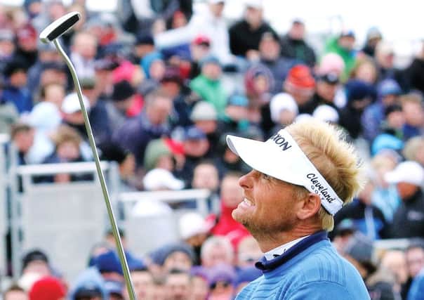 Soren Kjeldsen looks to the heavens after bogeying the 18th hole during the third day of the Irish Open. Picture: AFP