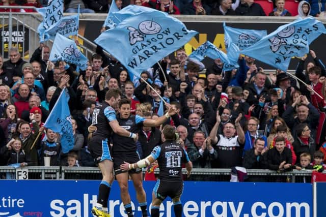 Glasgow Warriors Dth van der Merwe celebrates his sides second try on the game of the Guinness PRO12 Final at the Kingspan Stadium. Picture: PA