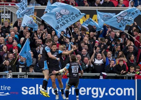 Glasgow Warriors Dth van der Merwe celebrates his sides second try on the game of the Guinness PRO12 Final at the Kingspan Stadium. Picture: PA