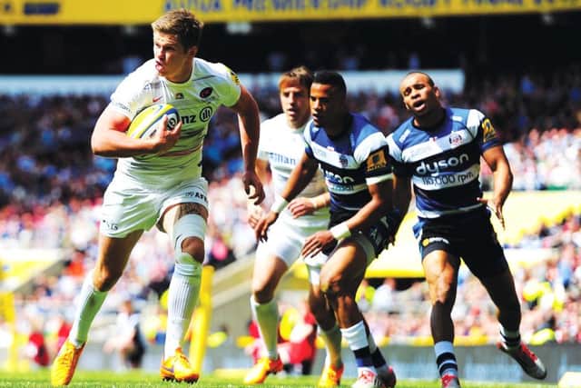 Owen Farrell of Saracens scores the opening try at Twickenham. The stand-off also kicked two conversions and three penalties. Picture: Dan Mullan/Getty Images