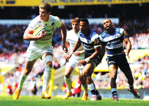 Owen Farrell of Saracens scores the opening try at Twickenham. The stand-off also kicked two conversions and three penalties. Picture: Dan Mullan/Getty Images