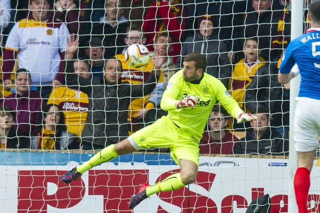 Rangers goalkeeper Cammy Bell fails to keep out a shot from Marvin Johnson. Picture: SNS
