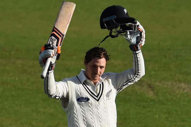 BJ Watling celebrates completing his century just before the close of play at Headingley yesterday. Picture: Getty Images