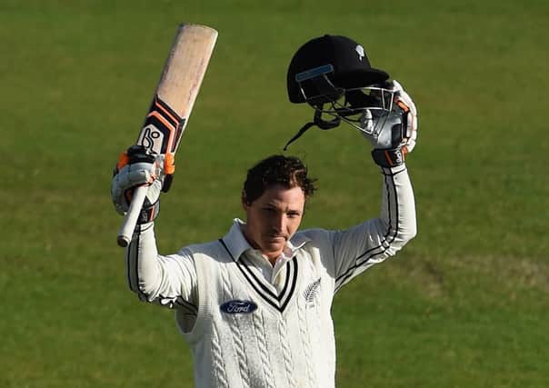BJ Watling celebrates completing his century just before the close of play at Headingley yesterday. Picture: Getty Images