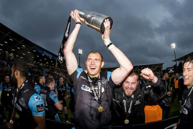 Al Kellock celebrates Glasgow's win at full time. Picture: SNS