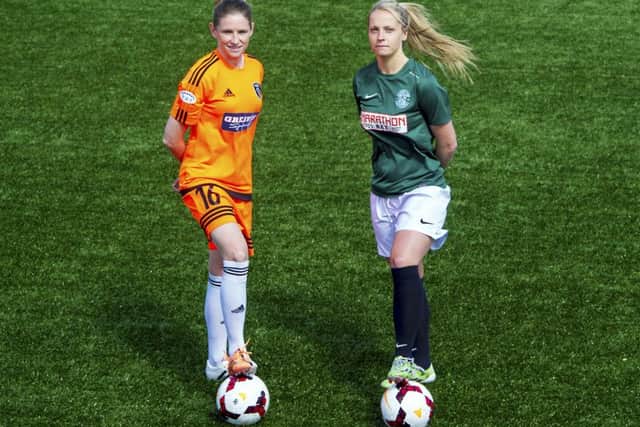 Glasgow City captain Leanne Ross, left, joins her Hibs counterpart Joelle Murray ahead of tonights League Cup final. Picture: SNS