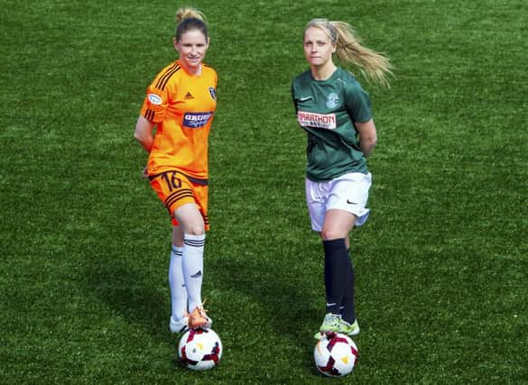 Glasgow City captain Leanne Ross, left, joins her Hibs counterpart Joelle Murray ahead of tonights League Cup final. Picture: SNS