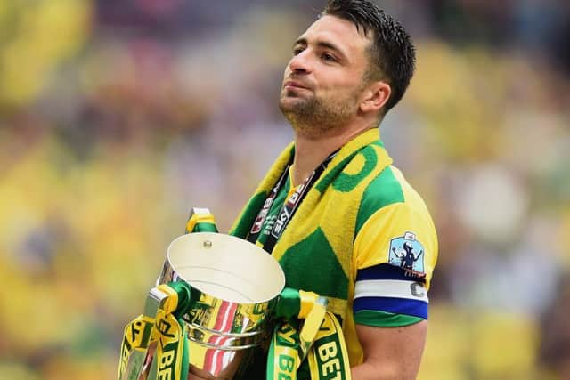 Russell Martin lead Norwich to victory in the Championship play-off final. Picture: Getty