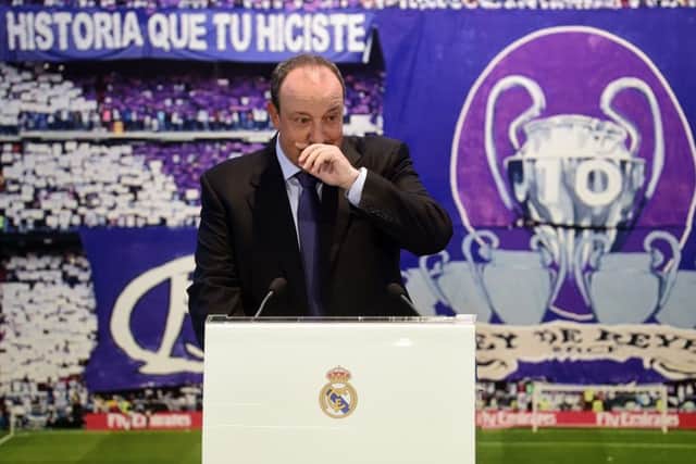 An emotional Rafael Benitez pauses during his unveiling as the new manager. Picture: AFP/Getty
