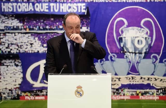 An emotional Rafael Benitez pauses during his unveiling as the new manager. Picture: AFP/Getty