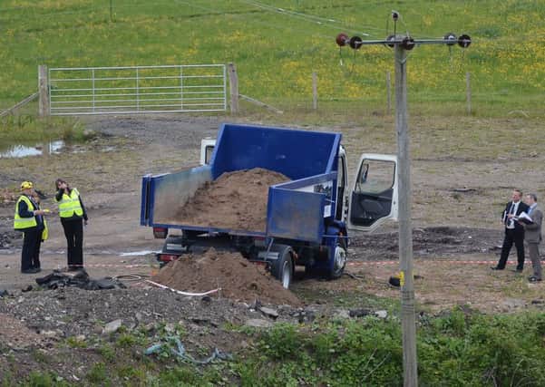 Driver of the tipper truck died after he tried to leave the vehicle when it struck overhead cables at Humbie Holdings Farm Picture: Neil Hanna