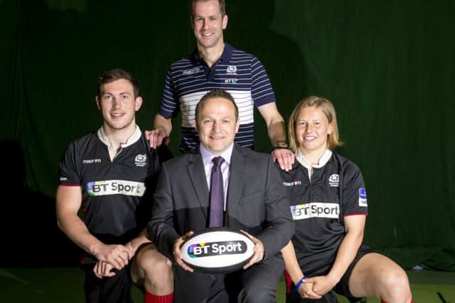 Former Scotland star Chris Paterson, back, Scottish Academy players Sarah Law and Grant OConnell and Edinburgh Academy manager Graeme Beveridge. Picture: Gary Hutchison/SNS/SRU