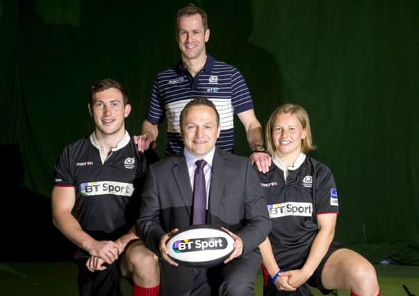 Former Scotland star Chris Paterson, back, Scottish Academy players Sarah Law and Grant OConnell and Edinburgh Academy manager Graeme Beveridge. Picture: Gary Hutchison/SNS/SRU