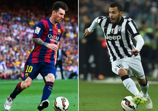Lionel Messi aims to become the first player to score in three Champions League finals. Carlos Tevez is Juves main threat. Picture: Getty Images