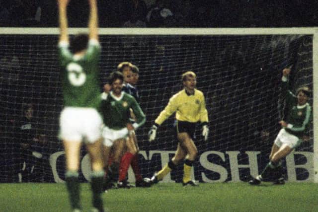 Mark Lawrenson, second left, celebrates his goal for Ireland. Picture: SNS