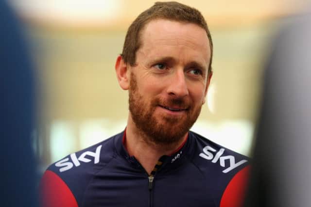 Sir Bradley Wiggins chats to the media after training at the Lee Valley Velopark ahead of his UCI Hour Record Attempt on June 2, 2015 in London, England. Picture: Getty Images