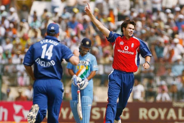 Jimmy Anderson of England celebrates taking the wicket of Virender Sehwag of India. Picture: Getty