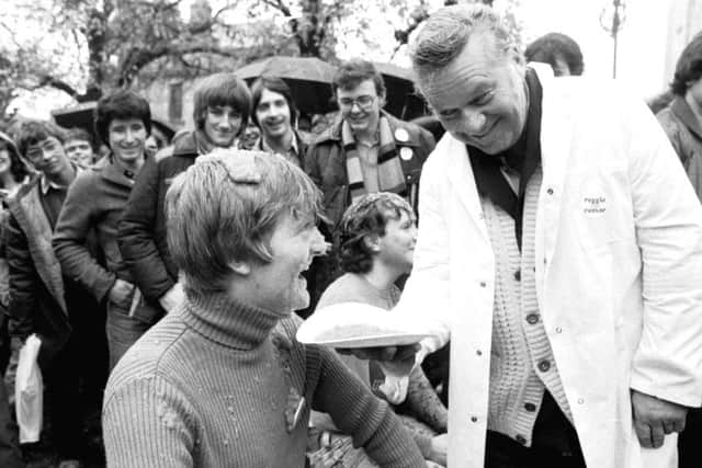 Charles Kennedy was president of the Glasgow University Student Union when broadcaster Reginald Bosinquet, right, conducted his campaign to become rector in October 1980. Part of the rectorial was a custard pie-throwing competition. Picture: Contributed
