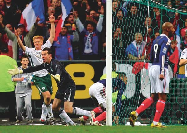 The Republic of Ireland's Shay Given appeals for handball after France's Thierry Henry set up Williams Gallas' winning goal during the Fifa World Cup qualifying play-off of 2009 at the Stade de France, Paris. Picture: PA