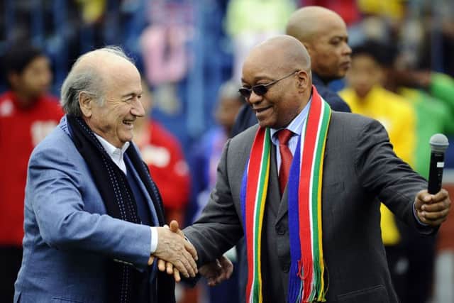 South African President Jacob Zuma shaking hands with outgoing Fifa president Joseph Blatter in 2010. Picture: Getty Images