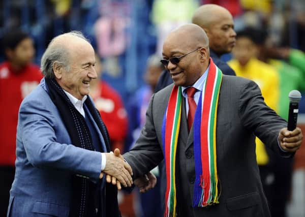 South African President Jacob Zuma shaking hands with outgoing Fifa president Joseph Blatter in 2010. Picture: Getty Images