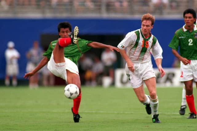 Tommy Coyne in action for the Republic of Ireland against Mexico during the 1994 World Cup. Picture: Allsport