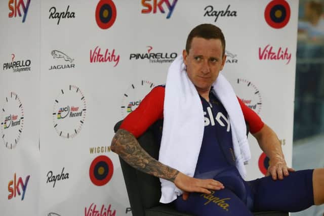 Sir Bradley Wiggins relaxes after breaking the UCI Hour Record at Lee Valley VeloPark. Picture: Getty