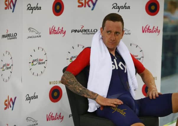 Sir Bradley Wiggins relaxes after breaking the UCI Hour Record at Lee Valley VeloPark. Picture: Getty