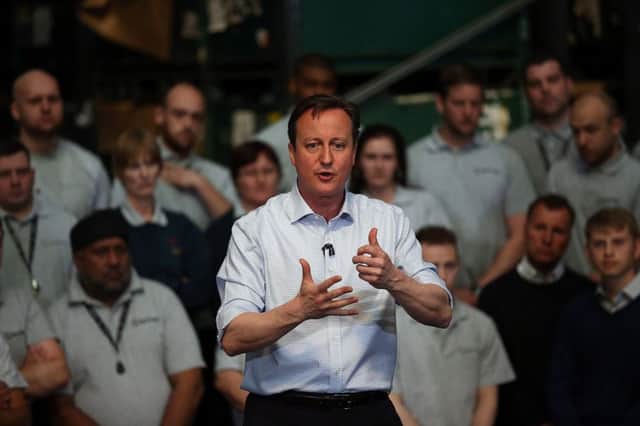 David Cameron makes a speech to Birmingham factory workers during the election campaign. Picture: AFP/Getty