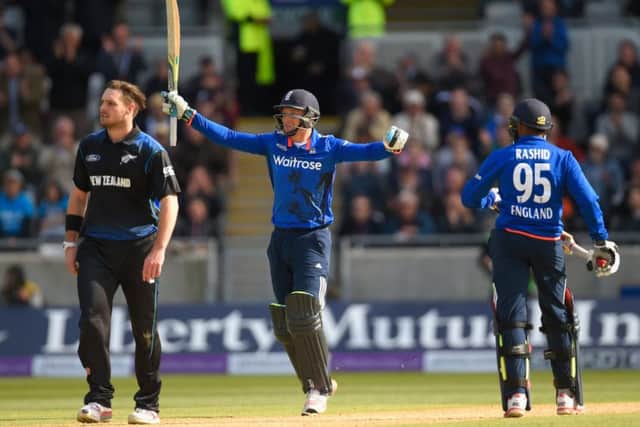 Englands Jos Buttler celebrates after reaching his ton in just 66 balls in the first one-day international against New Zealand. Picture: Getty