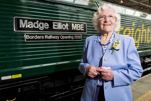 The forthcoming completion of the Borders Railway will be marked by the re-naming of a train after Madge Elliot MBE, a veteran campaigner. Picture: SNS Group