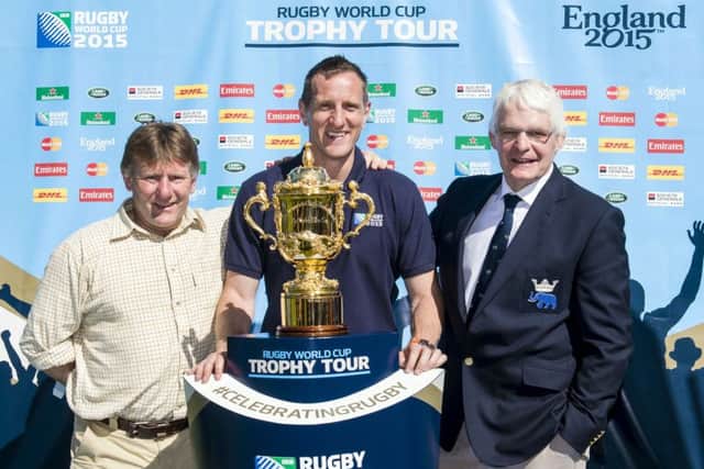 Will Greenwood, centre, Gary Armstrong, left, and Findlay Calder caught up with the World Cup at Lothian Park. Picture: SNS/SRU
