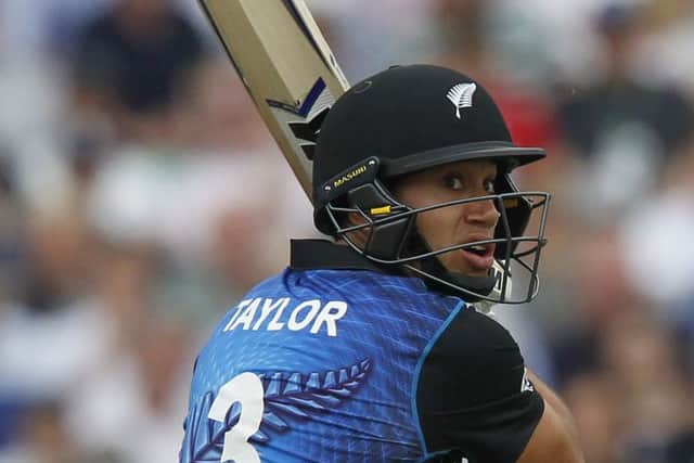 Ross Taylor hits out on his way to an impressive unbeaten 119 as New Zealand posted 398. Picture: Getty