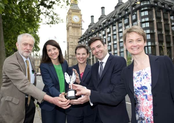 Mary Creagh (centre) with the rest of the candidates Yvette Cooper (right), Andy Burnham (2nd right), Liz Kendall (2nd left) and Jeremy Corbyn (left). Picture: PA