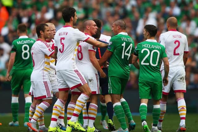 Jon Walters is confronted by Scott Brown during a fiery encounter. Picture: Getty