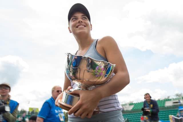 Croatias Ana Konjuh with the Elena Baltacha Trophy after her Nottingham Open victory. Picture: Getty