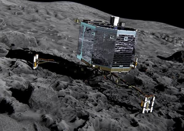 Undated artist's impression issued by the European Space Agency of the Rosetta's lander Philae (front view) on the surface of comet 67P/Churyumov-Gerasimenko. Picture: Getty/AFP