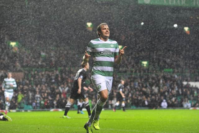 Teemu Pukki celebrates scoring for Celtic against Hibs at Parkhead. Picture: Robert Perry