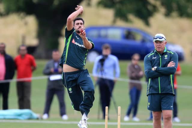 Australia's Mitchell Starc bowls,  during a nets session, at Old Merchant Taylors School, in Northwood., England, Sunday June 21, 2015. (Nigel French/PA via AP) UNITED KINGDOM OUT NO SALES NO ARCHIVE