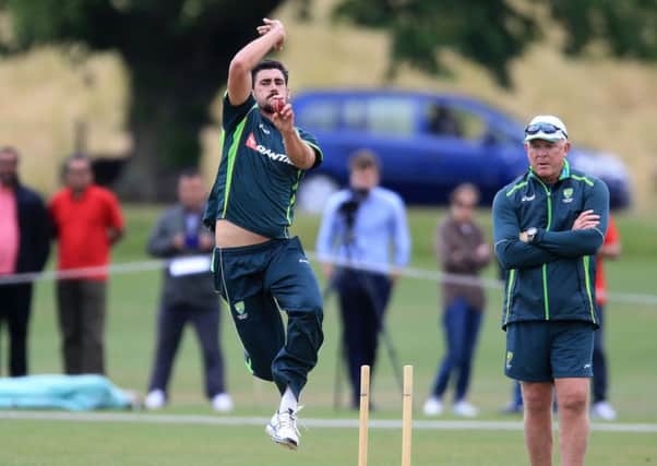 Australia's Mitchell Starc bowls,  during a nets session, at Old Merchant Taylors School, in Northwood., England, Sunday June 21, 2015. (Nigel French/PA via AP) UNITED KINGDOM OUT NO SALES NO ARCHIVE