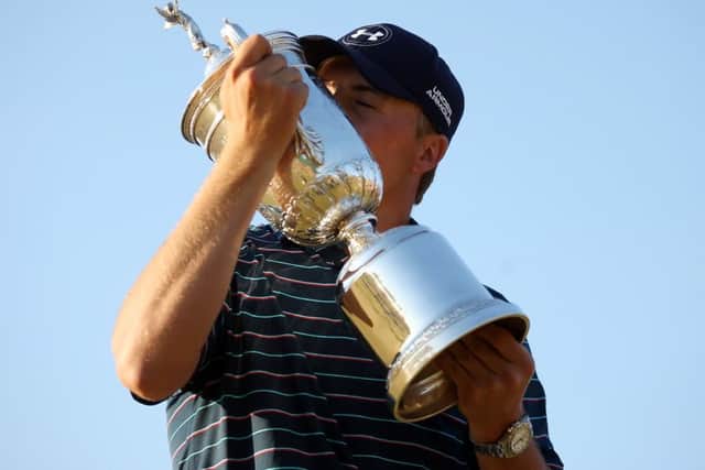 Jordan Spieth of the United States kisses the trophy after winning the 115th U.S. Open Championship. Picture: Getty