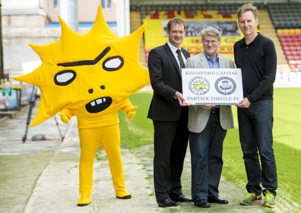 New mascot Kinglsey with Partick Thistle managing director Ian Maxwell and long-time Jags fan, David Shrigley. Picture: SNS