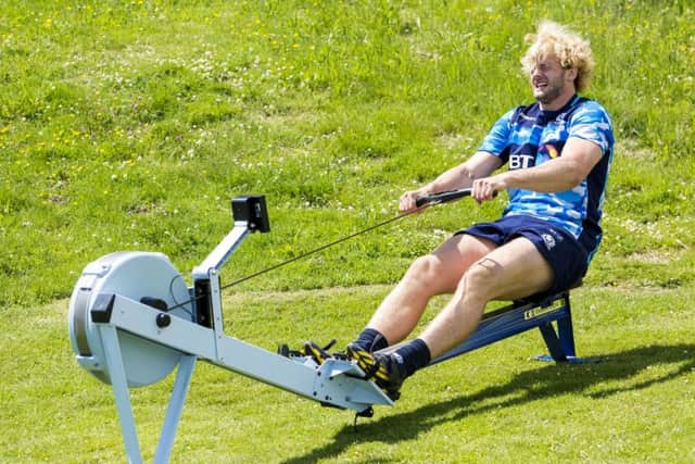The pain is etched on the face of Richie Gray as the second row finds it tough during training at Scotlands World Cup camp in France. Picture: SNS Group