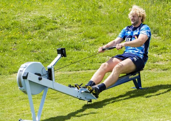 The pain is etched on the face of Richie Gray as the second row finds it tough during training at Scotlands World Cup camp in France. Picture: SNS Group